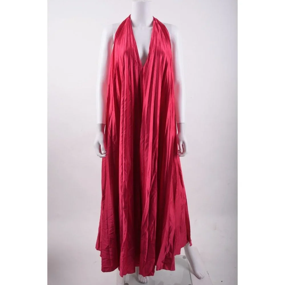 Massimo Dutti Studio Women Halter Maxi Dress S Pleated Pink Fuchsia 9012/952 NWT_2
